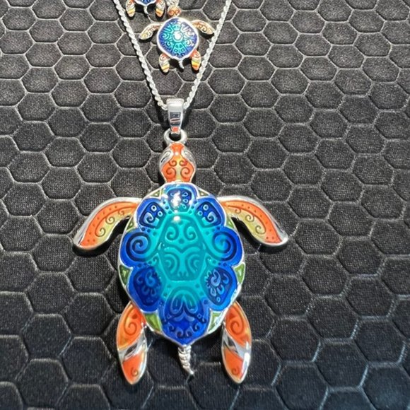Turtle Necklace and Earring Set Brown, Gold, Aqua, Blue 18K White Gold Plated - Picture 1 of 1